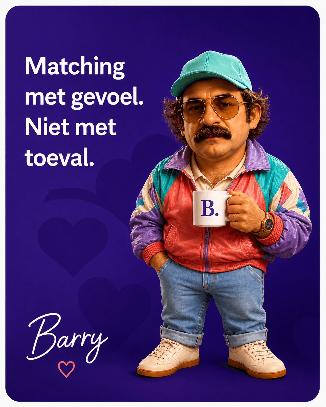 Barry op het paarse merkvlak.